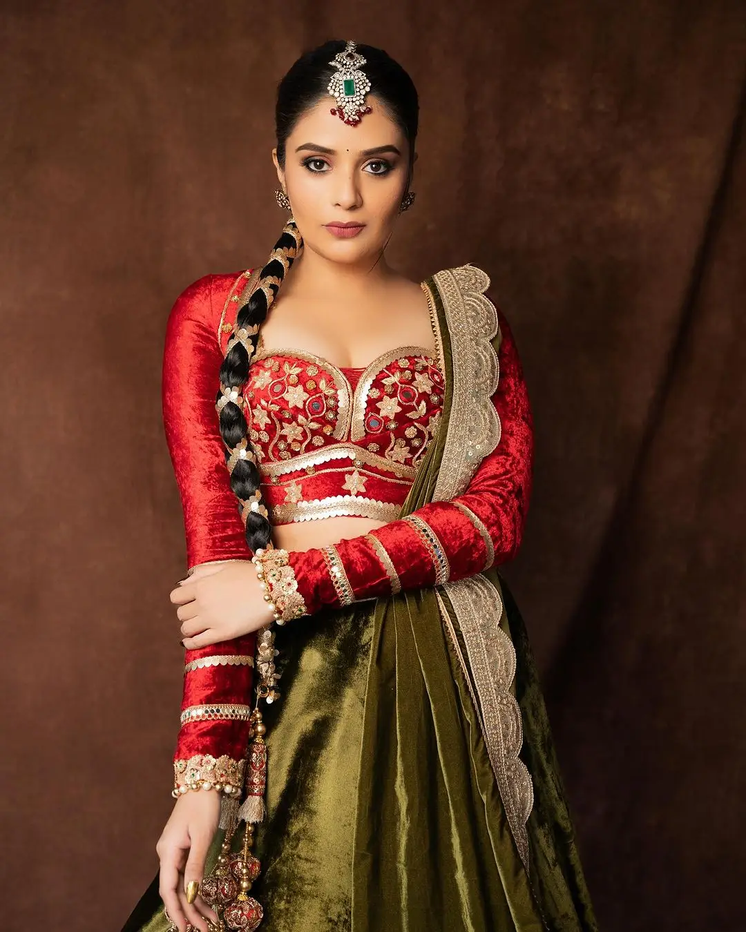 Indian TV Actress Sreemukhi in Traditional Green Lehenga Red Choli